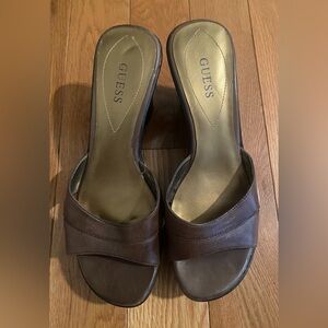 GUESS Y2K Brown Leather Slide Wedge Sandals Mules